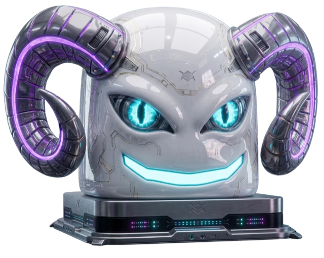 The Chimera Sound mascot — a chrome chimera head with curled neon-lavender horns, glowing cyan eyes and a wide grin, mounted on a lit console plinth